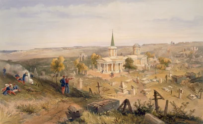 Cmentarz i kościół kwarantanny, tablica z „Siedziba wojny na wschodzie”, wyd. autor: Paul und Dominic Colnaghi und Co., 1856
